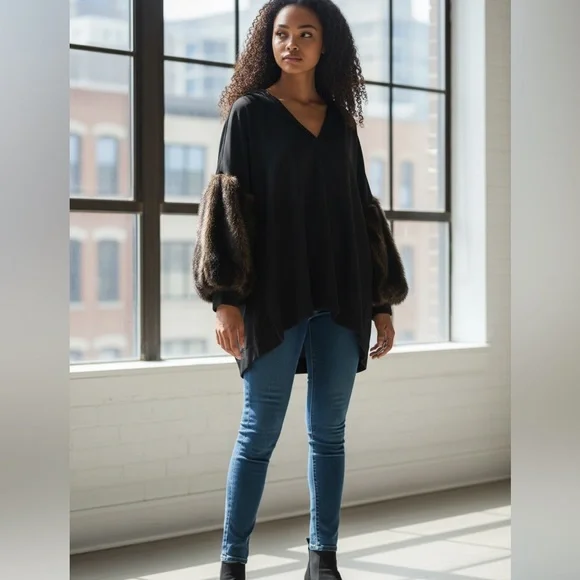 Vintage style Zara Black V-Neck Tunic with Faux-Fur Brown Balloon Sleeves - Picture 9 of 12